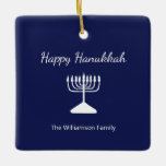 Happy Hanukkah Menorah Simple Blue White Keramikornament<br><div class="desc">Happy Hanukkah Blue Holiday Ornament,  mit einer einfachen weißen Menorah und Schrift Typografie Design. Mit einer weißen,  anpassbaren Schrift können Sie Ihre eigenen Informationen hinzufügen. Eine festliche Ergänzung Ihrer Urlaubsstimmung.</div>