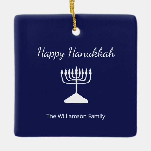 Happy Hanukkah Menorah Simple Blue White Keramikornament (Vorderseite)