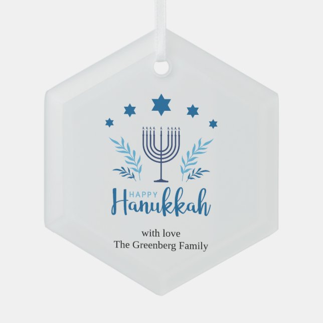 Happy Hanukkah Menorah Stars Festival Ornament Aus Glas (Vorderseite)