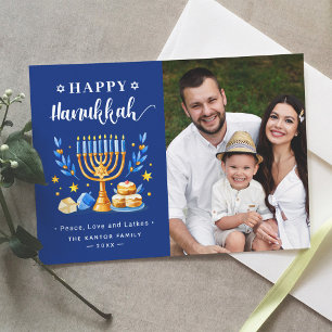 Happy Hanukkah Menorah Sufganiyah Dreidel Foto Feiertagskarte