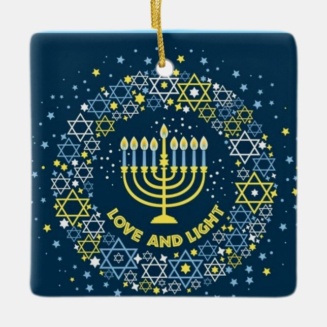 Happy Hanukkah Menorah und Dreidels Keramik Orname Keramikornament (Vorderseite)