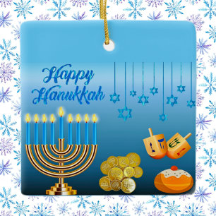 Happy Hanukkah Menorah und Dreidels Keramikornament