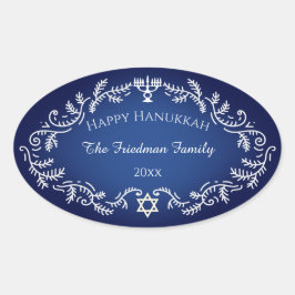 Happy Hanukkah Menorah White Festive Frame auf bla Ovaler Aufkleber