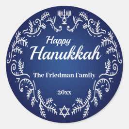 Happy Hanukkah Menorah White Festive Frame auf bla Runder Aufkleber