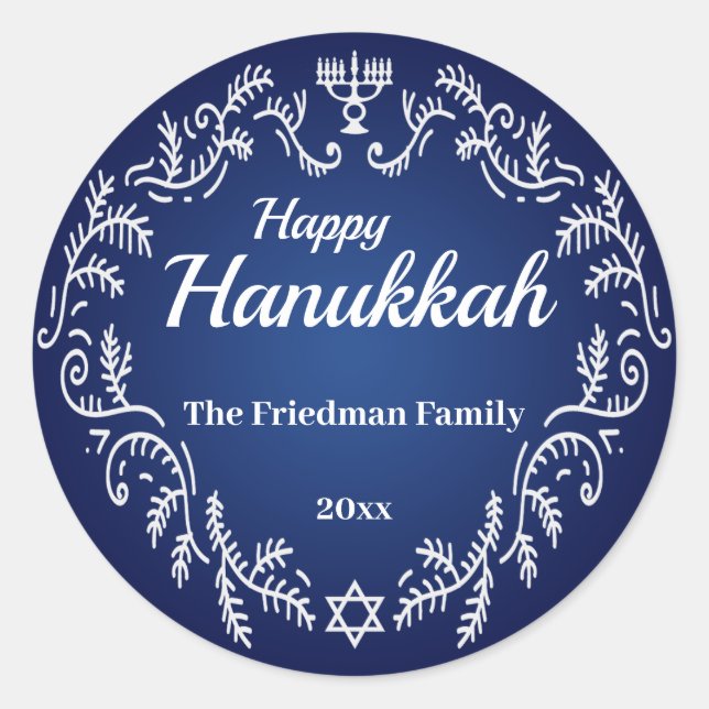 Happy Hanukkah Menorah White Festive Frame auf bla Runder Aufkleber (Vorderseite)