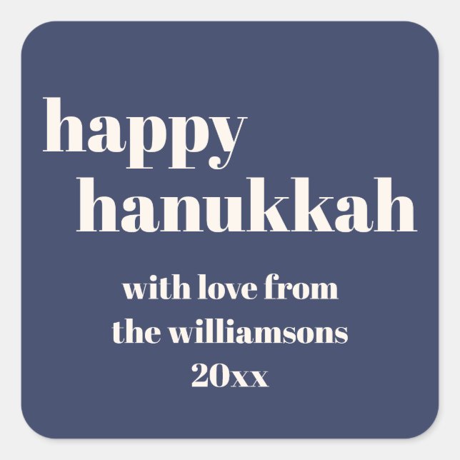 Happy Hanukkah Modern Navy Personalisiert Quadratischer Aufkleber (Vorderseite)