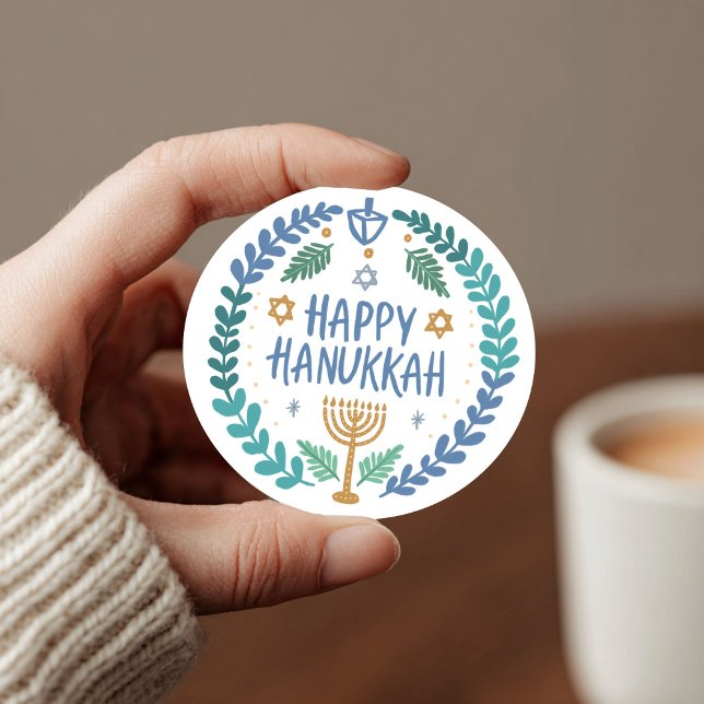HAPPY HANUKKAH Moderne handGezeichnet Niedliche Wh Runder Aufkleber (HAPPY HANUKKAH Modern Hand-Drawn Cute Whimsical Classic Round Sticker
)
