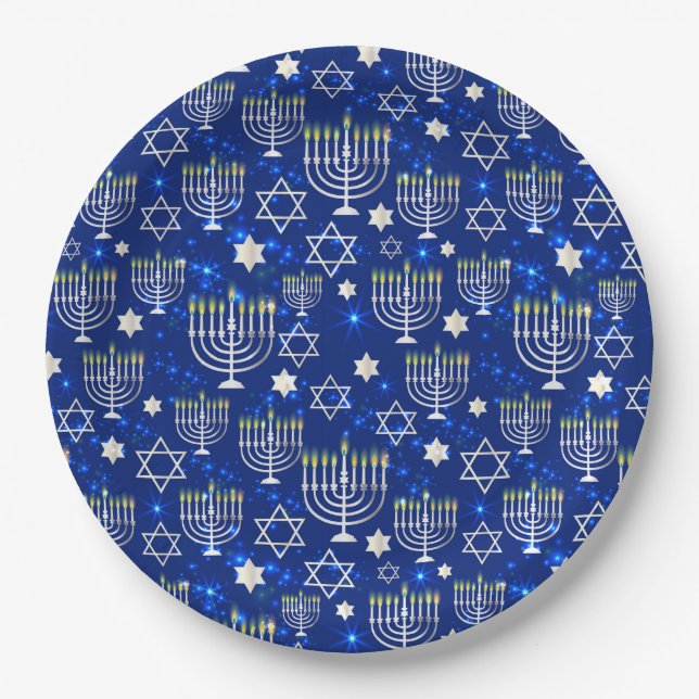 Happy Hanukkah Moderne Star von David Menorah Pappteller (Vorderseite)