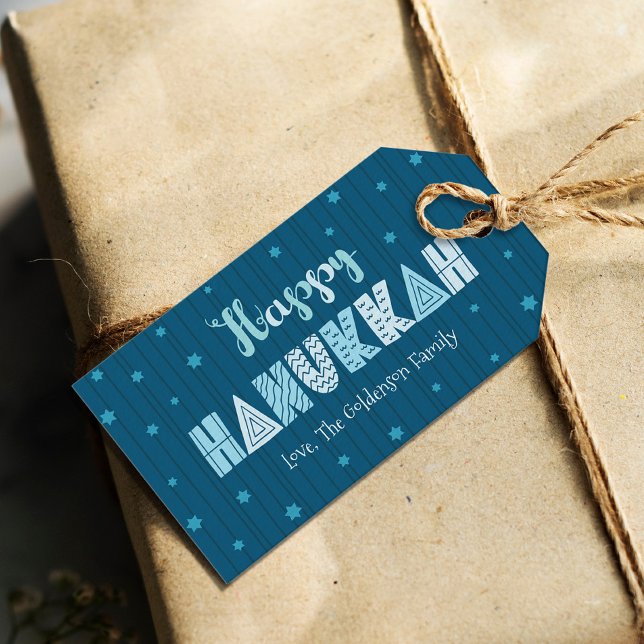 Happy Hanukkah Moderne Whimsikale Typografie Aquam Geschenkanhänger (Von Creator hochgeladen)