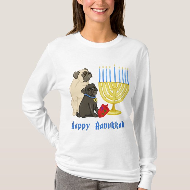 Happy Hanukkah Möpsen mit Menorah T-Shirt (Vorderseite)