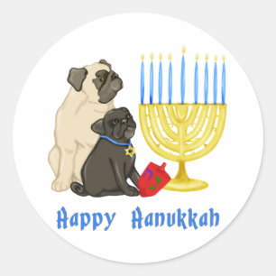 Happy Hanukkah Möpsen und Menorah Stickers