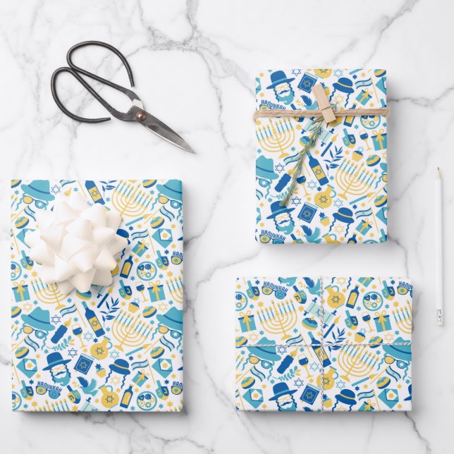 Happy Hanukkah Muster Wrapping Paper Sheets Geschenkpapier Set (Vorderseite)