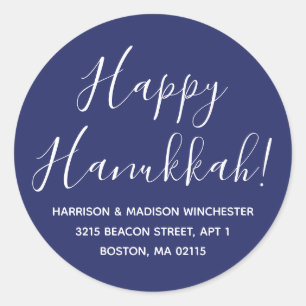 Happy Hanukkah navy blue script Rücksendeadresse Runder Aufkleber
