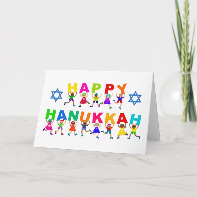 Happy Hanukkah Niedlicher Cartoon Diverse Kids Tex Karte (Vorderseite)