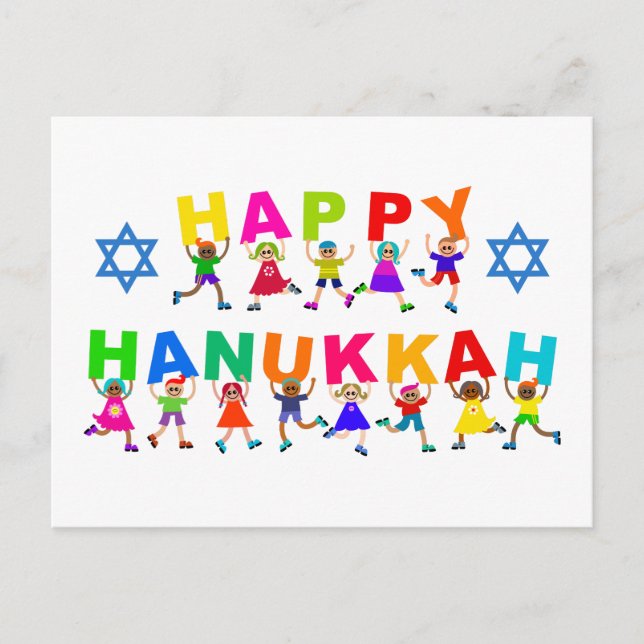 Happy Hanukkah Niedlicher Cartoon Diverse Kids Tex Postkarte (Vorderseite)