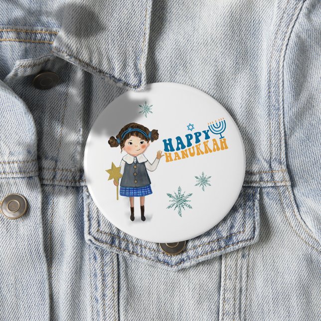 Happy Hanukkah Niedliches jüdisches Mädchen Button (Happy Hanukkah Cute Jewish Girl Button)