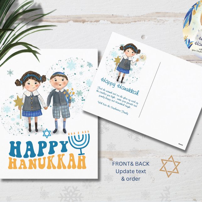 Happy Hanukkah Niedliches jüdisches Paar Feiertagspostkarte (Happy Hanukkah Cute Jewish Couple Holiday Postcard)