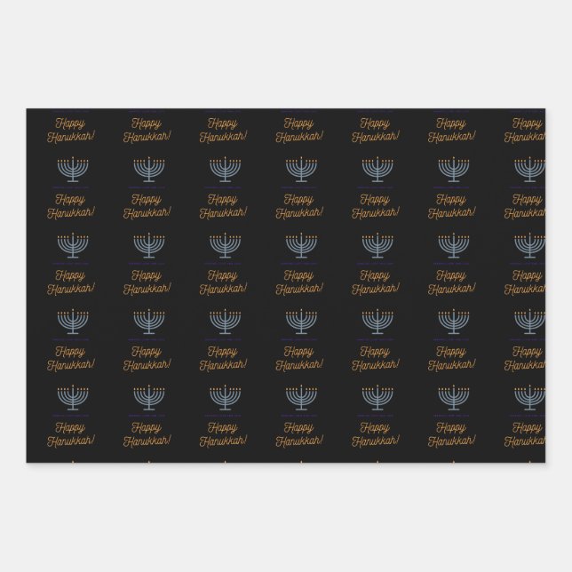 Happy Hanukkah Packblätter 3 verschiedene Designs Geschenkpapier Set (Vorderseite)