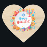 Happy Hanukkah Party Schöne Dekoration Herz-Aufkleber<br><div class="desc">Happy Hanukkah Party Schöne Dekoration,  jüdischer Urlaub,  klassischer Rundaufkleber. Jüdische Holiday Hanukkah Hintergrund mit traditionellen Chanukah-Symbole - Holzdreigel (Spinnen top),  Donuts,  Menorah,  Kerzen,  Stern von David und Glühlicht Alte Papier Textur Tapete Vintage Muster. Hanukkah Festival Event Dekoration. Jerusalem,  Israel. Party- und Handwerksartikel > Geschenkartikel > Aufkleber und Etiketten</div>