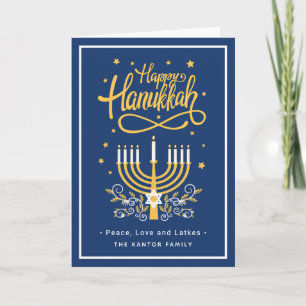 Happy Hanukkah Peace Liebe Latkes Modern Blue Feiertagskarte