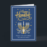 Happy Hanukkah Peace Liebe Latkes Modern Blue Feiertagskarte<br><div class="desc">Senden Sie Ihre Wünsche mit dieser Holiday Card,  die ein Atemberaubendes Happy Hanukkah Script und Symbol enthält,  um Ihre Grußbotschaft zu markieren.</div>