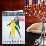 Happy Hanukkah Photo Modern Blue Script Folded Feiertagskarte<br><div class="desc">Modern customizable Jewish full photo vertical Hanukkah card with a winter photograph of your child or family with blue script overlay. Add another favorite Chanukah picture inside and customize your own Happy Hanukkah message of love and light inside.</div>