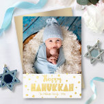 Happy Hanukkah Photo Whimsical Stars Real Gold Folien Feiertagskarte<br><div class="desc">“Happy Hanukkah.” Fun, playful, whimsical handcrafted real gold foil typography and a random Star of David pattern overlay a clean, white background. Add the photo of your choice and help usher in Hanukkah with this stunning, colorful, personalized real gold foil greeting card. Faux gold metallic ombre is on the back....</div>