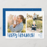Happy Hanukkah Playful 2 Foto Feiertagskarte<br><div class="desc">Hanukkah Holiday Foto Card. Feature,  playful blue bold handwritten "Happy Hanukkah" ,  2 Foto-Spaces on front or card,  and coordinating snowy overlay on blue color backing. Template text lines for your name and year in matching blue color.</div>