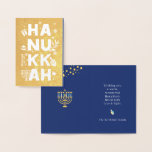 Happy Hanukkah Real Foil Card Folienkarte<br><div class="desc">Unsere Hanukkah Greetings Real Foil Card ist eine elegante Art, Familie und Freunden ein Happy Hanukah in hohem Stil zu wünschen. Dieses festliche, lustige und moderne Design beinhaltet ein Menorah-, Dreidel-, Jelly-Donut- & Packgeschenk sowie Schneeflocken als jüdische Stars. Real Foil bringt diese Karte auf die nächste Stufe. Personalisieren Sie Ihre...</div>