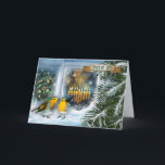 Happy Hanukkah. Schneefenster mit Menorah Feiertagskarte<br><div class="desc">Happy Hanukkah auf Hebräisch. Snow Window Szene mit Menorah und Vogelmalerei personalisierbare Grußkarte in Hebräisch. Matching Karten und Geschenke verfügbar in der jüdischen Ferien / Hanukkah Kategorie unseres Stores.</div>