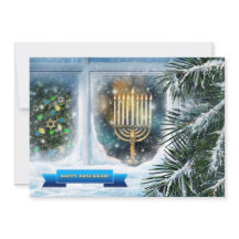 Happy Hanukkah. Schneefenster mit Menorah