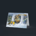 Happy Hanukkah. Schneefenster mit Menorah Feiertagskarte<br><div class="desc">Happy Hanukkah auf Hebräisch. Schneefenster mit Menorah und Vogelmalerei personalisierbare Grußkarten auf Hebräisch. Matching Karten und Geschenke verfügbar in der jüdischen Ferien / Hanukkah Kategorie unseres Stores.</div>