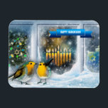 Happy Hanukkah. Schneefenster mit Menorah Magnet<br><div class="desc">Happy Hanukkah. Schneefenster mit Birds und Menorah Candles Malerei personalisierbaren Geschenkmagneten. Matchkarten und Geschenke für jüdische Feiertage | Hanukkah Kategorie unseres Ladens.</div>