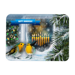 Happy Hanukkah. Schneefenster mit Menorah Magnet