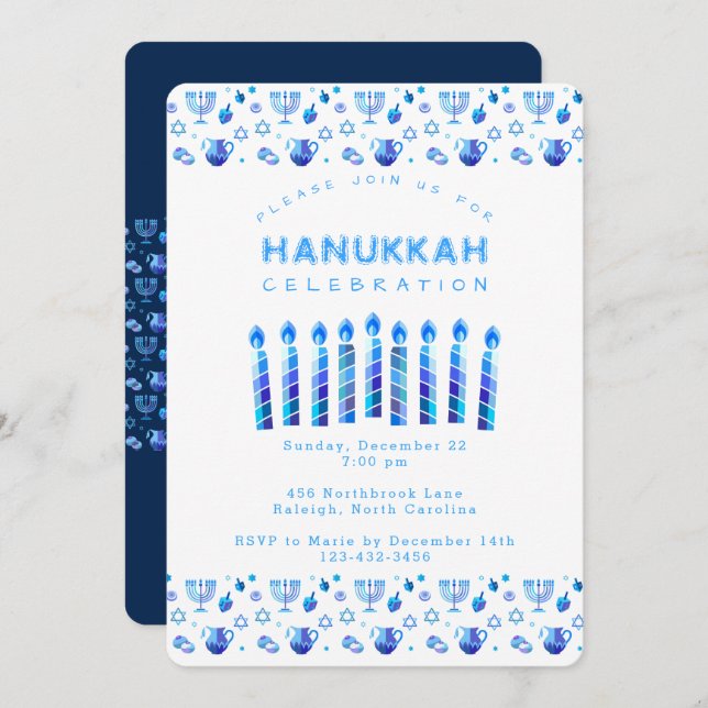 Happy Hanukkah Schöner jüdischer Urlaub Einladung (Vorne/Hinten)