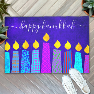 Happy Hanukkah Script Modern Boho Candles auf Blue Fußmatte