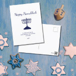 Happy Hanukkah Simple Blue Menorah Feiertagspostkarte<br><div class="desc">Happy Hanukkah Holiday Postcard,  mit einer einfachen blauen Menorah und Schrift Typografie Design. Mit blau anpassbaren Buchstaben können Sie Ihre eigenen Informationen hinzufügen. Ein festlicher Weg,  gute Wünsche an Freunde und Liebende zu senden.</div>
