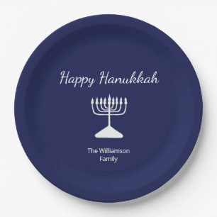 Happy Hanukkah Simple Menorah Blue Pappteller