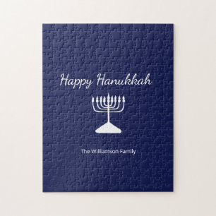 Happy Hanukkah Simple Menorah Navy Blue Puzzle