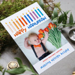 Happy Hanukkah Spirituosen Helles Foto<br><div class="desc">Dieses Ferien Design bietet bunte Kerzen mit dem modernen Text "Happy Hanukkah" in orange und blau Typografie. Fügen Sie unten Ihr Lieblings-Foto und den Text hinzu (hier als Hanukkah-Geburtshinweis mit Babynamen gezeigt) und den Text "Spirituosen hell machen". Das Gegenteil ist ein massives Blau. #hanukkah #chanukah #baby #baby #baby #launch #Geburtsankündigung...</div>