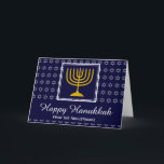 HAPPY HANUKKAH | Star of David Feiertagskarte<br><div class="desc">HAPPY HANUKKAH Star der David Holiday Card mit KUNSTBAR TEXT. Stilvolle Grußkarte zum Feiern der HANUKKAH. Dunkelblauer Hintergrund mit silberner Stern von David und weißer Typografie. LAPlaceholder-Text auf der Abdeckung und im Inneren der Begrüßung sind anpassbar,  sodass Sie Ihren Namen hinzufügen und die Nachricht ändern können.</div>