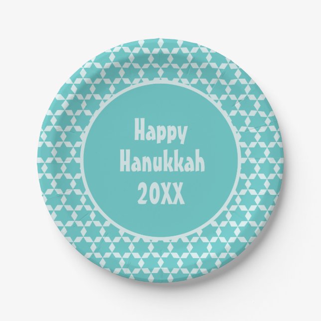 Happy Hanukkah Star Tiles Turquoise Pappteller (Vorderseite)