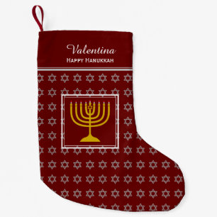HAPPY HANUKKAH Star von David Menorah DARK RED Kleiner Weihnachtsstrumpf