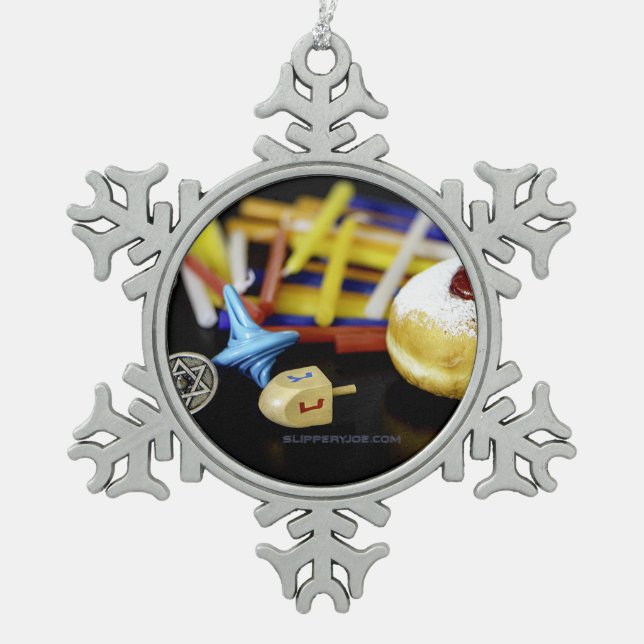 Happy Hanukkah Star von David menorah Dreidel Slip Schneeflocken Zinn-Ornament (Vorderseite)