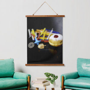 Happy Hanukkah Star von David menorah Dreidel Slip Wandteppich Mit Holzrahmen