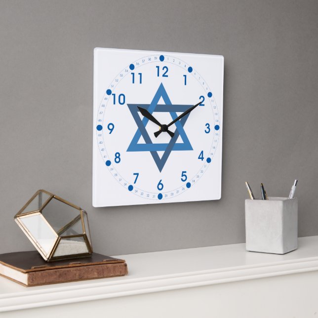 Happy Hanukkah Star von David White Blue Quadratische Wanduhr (Büro)