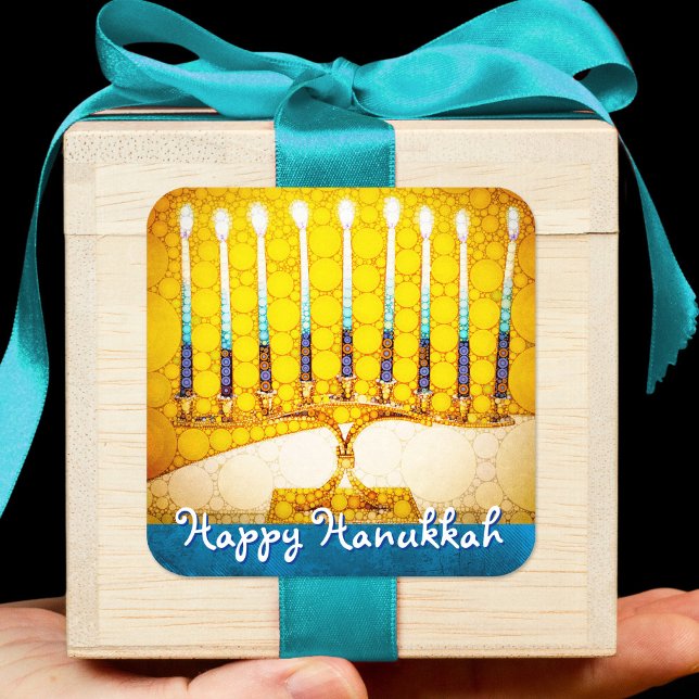 Happy Hanukkah Trendy Künstlerisch Yellow Gold Men Quadratischer Aufkleber (Von Creator hochgeladen)