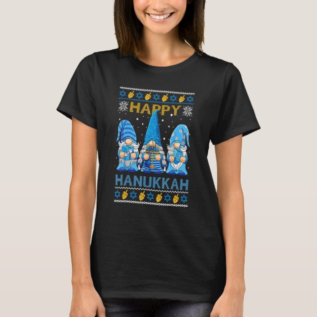 Happy Hanukkah Ugly Christmas Gnome Gnomies Menora T-Shirt (Vorderseite)