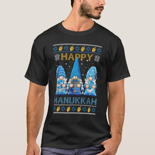 Happy Hanukkah Ugly Christmas Gnome Gnomies Menora T-Shirt (Vorderseite)