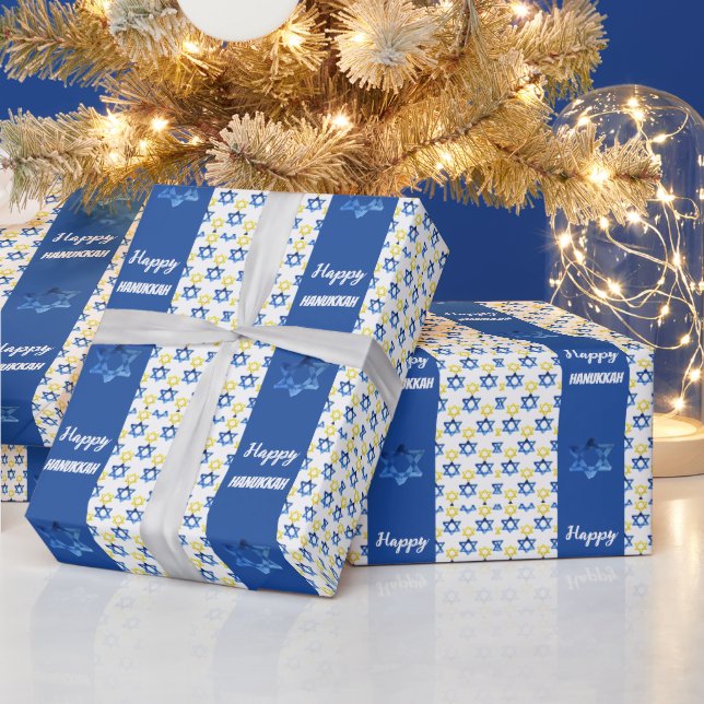 Happy Hanukkah Watercolor David Stars Geschenkpapier (Feiertage)
